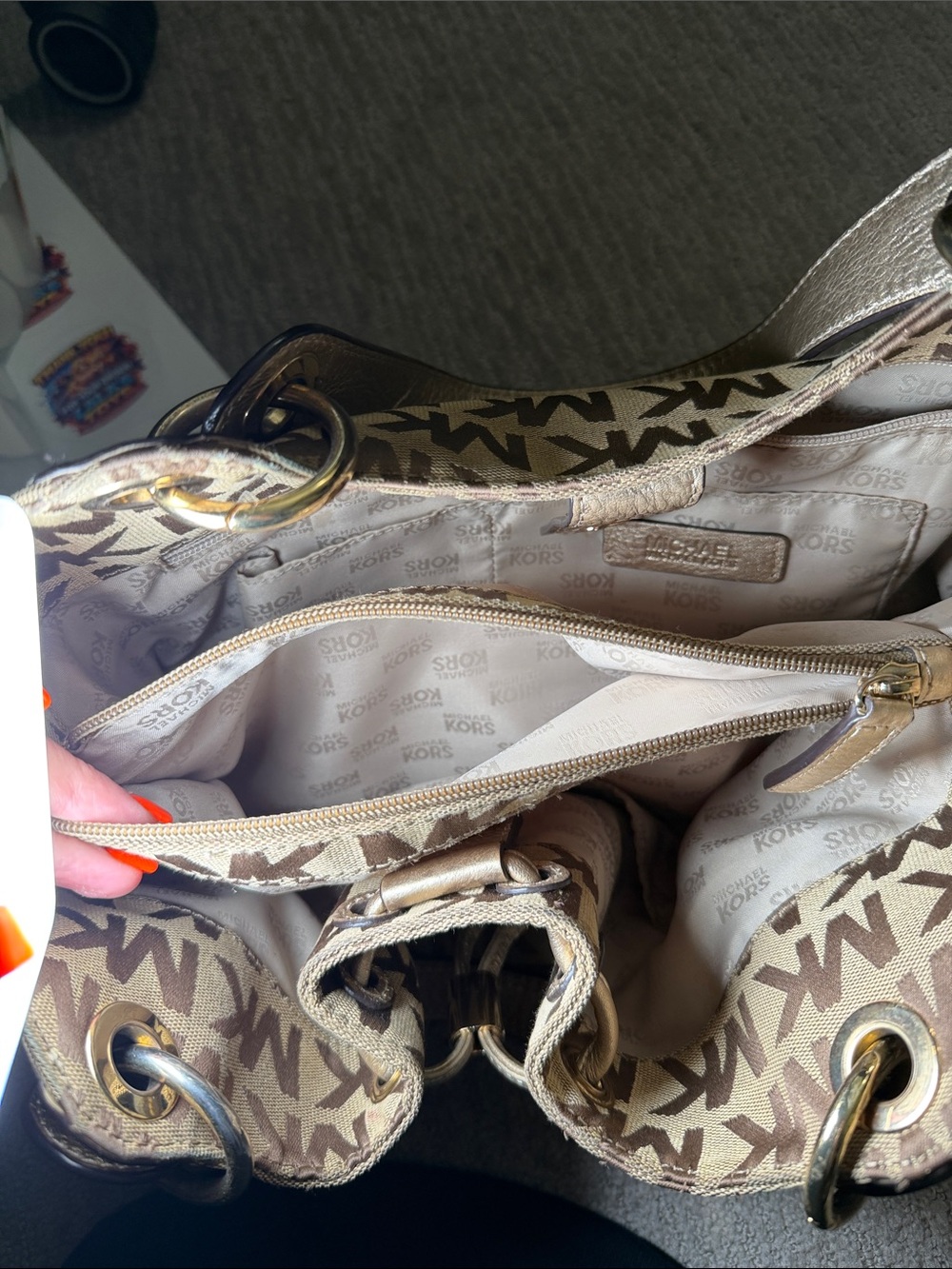 Michael Kors Brown/Tan MK Logo Drawstring Shoulder Bag - Picture 9 of 12